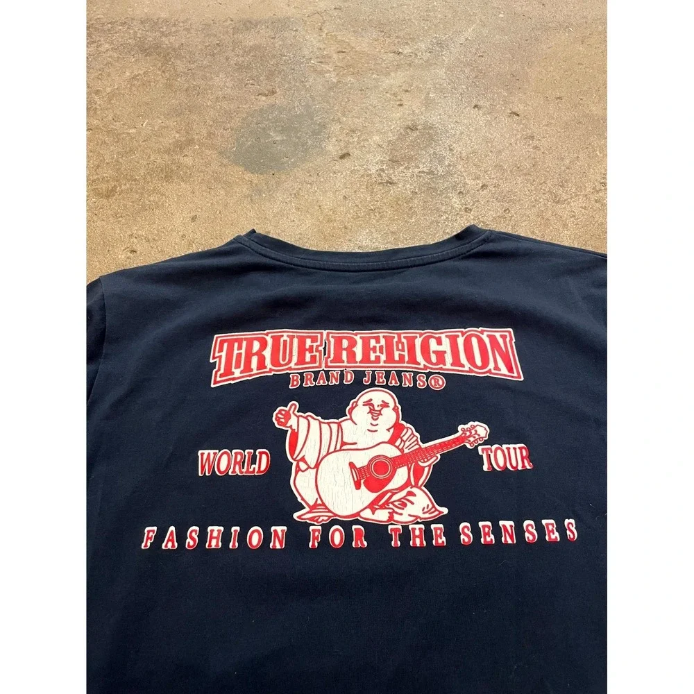 True Religion World Tour T Shirt Mens XL Blue Cotton Buddha Graphic Horseshoe‎